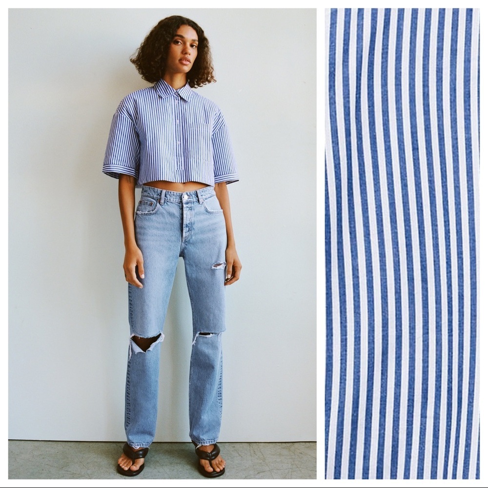 NWT. Zara Blue/White Striped Quilted Cropped Shirt. Size L.